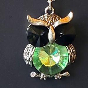 NWT Owl Necklace with Green Stone and 20" Chain